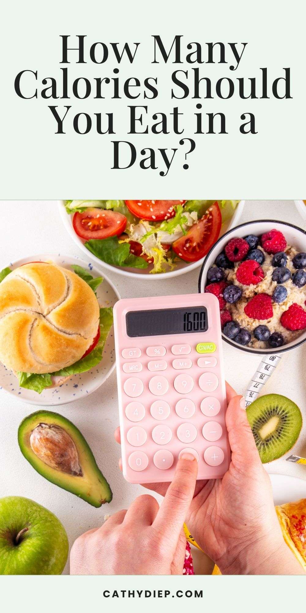 Calculator showing calorie count surrounded by healthy foods like avocado, berries, oatmeal, and salad for daily calorie planning