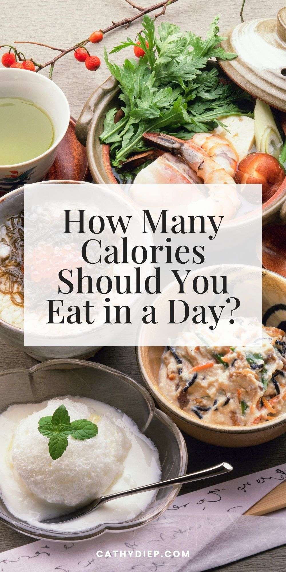Healthy balanced meal with shrimp, vegetables, and whole foods next to text “how many calories should you eat in a day”